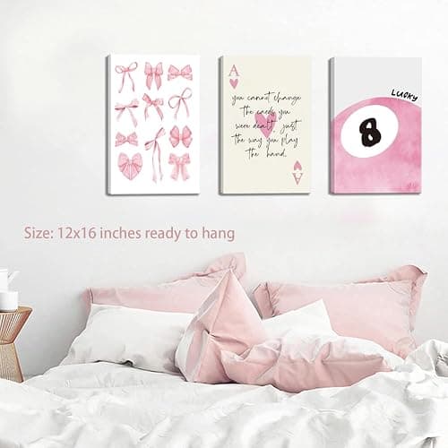 Trendy Pink Bows Canvas Wall Art Set of 3, Vintage Preppy Lucky 8 Ball Wall Decor, Pink Girly Room Aesthetic Posters Prints Painting for College Apartment Living Room Bedroom Framed 12x16 In thumbnail 8