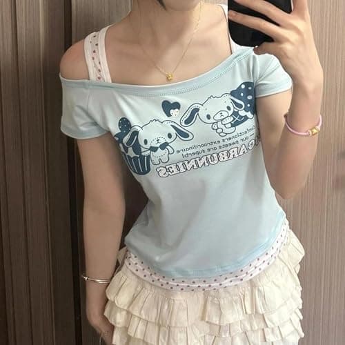 Kawaii Cutecore Harajuku Y2k 2000s Tops Summer Preppy Aesthetic Alt Goth Emo Short Sleeve Graphic Tees thumbnail 8