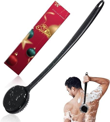 Silicone Back Scrubber for Shower, 17in Lengthen Long Handle Body Brush, Double Sided Shower Brush for Shower Exfoliating and Massage Can Produce Rich Foam, Long Handle Back Scrubber for Men - Image 1
