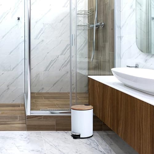 Trash Can with Bamboo Lid Soft Close, 3L Mini Pedal Bin, Round Garbage Can with Inner Bucket for Bathroom, Bedroom, Powder Room, Office, Desk, Car (White) thumbnail 8