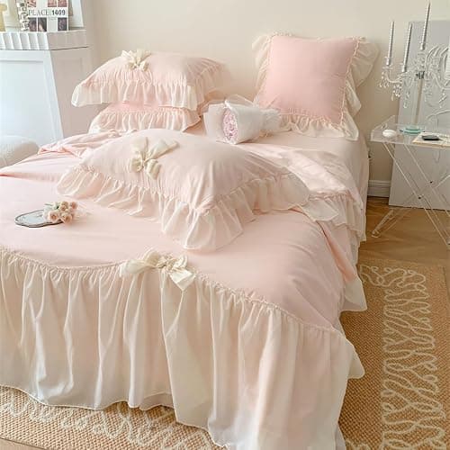 IHOUSTRIY Duvet Cover Twin Size, Ruffle Beddding Set with Bowtie, 2 Pieces Comforter Cover Set with Zipper Closure, Girl Princess Bedding with Pillowcase - Light Pink, Twin - Image 1