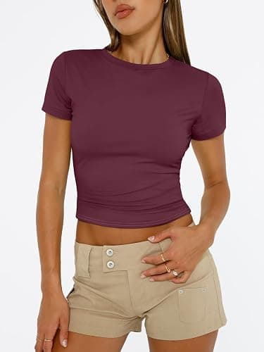 Trendy Queen Womens Short Sleeve T Shirts Summer Crop Tops Basic Slim Fit Gym Workout Y2k Clothes thumbnail 2