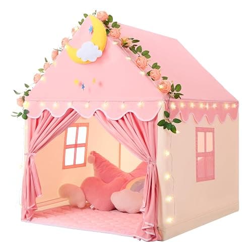 Wilwolfer Kid Tent with Lights - Kids Play Tents for Toddlers Kids Tents Indoor Playhouse - Princess Tent for Girls Toy House Gift - Pink & Yellow, 47x41x51 - Image 1