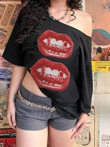 Pinclodly Off The Shoulder Tops for Women Short Sleeve Y2K Jersey Number Graphic Oversized Tshirts E-Girl Tees thumbnail 2
