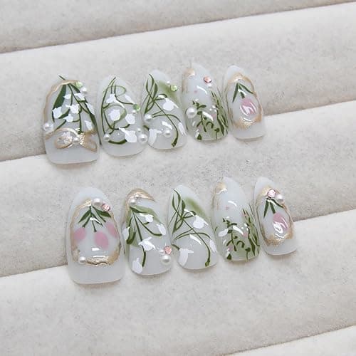 24Pcs Flower Press on Nails Medium Almond Fake Nails Green Leaf with White Flower Design Gilding Full Cover Artificial Glue on Nails Handmade False Nails Spring Summer Stick on Nails for Women DIY thumbnail 3