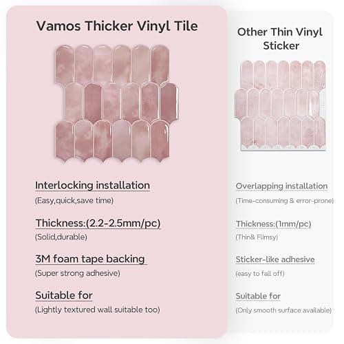 Vamos Tile 10-Sheet Backsplash Peel and Stick Tile, Pink Self Adhesive Vinyl Wall Tiles, Stick on Backsplash for Kitchen, Bathroom,RV (Thicker Design) thumbnail 6