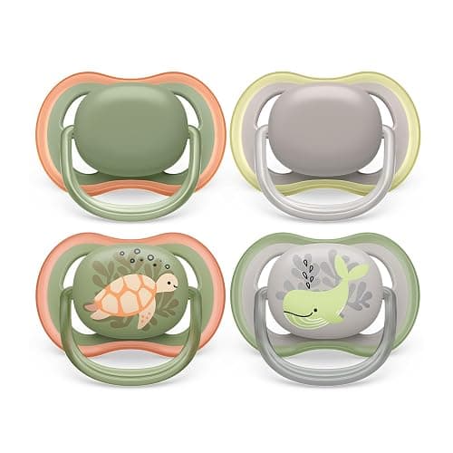 Philips Avent Ultra Soother - 4 x Light, Breathable Baby Soothers for Babies Aged 6-18 Months, BPA Free with Steriliser Carry Case (Model SCF085/66) - Green / Grey - 4 Count (Pack of 1) - Image 1