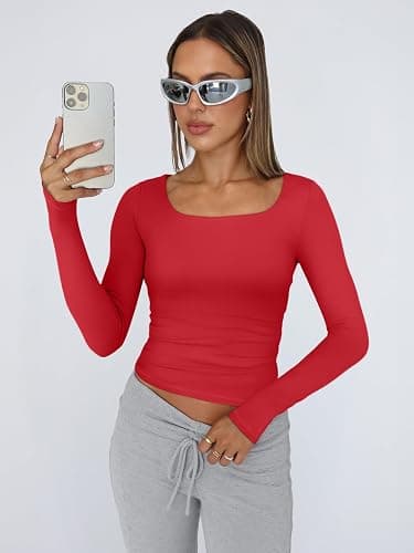 Trendy Queen Womens Long Sleeve Shirts Crop Tops Fall Fashion 2025 Square Neck Going Out Basics Tees Y2k Clothes thumbnail 2