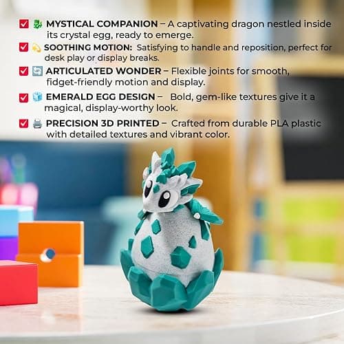 Articulated Dragon with Fantasy Egg – 3D Printed Mythical Creature Gift, Posable Jointed Companion, Collectible Detailed Shelf or Desk Decoration - for Adults (Emerald Dragon + Egg) thumbnail 3
