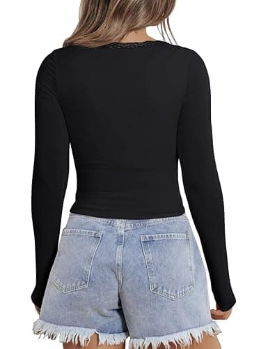 PINKMSTYLE Women Sexy V Neck Lace Long Sleeve Shirts Basic Fitted Double Lined Going Out Y2K Trendy Fall Tops thumbnail 7