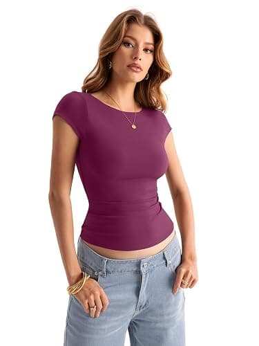 EasyGala Womens Double Lined Cap Sleeve Tops Cute Boat Neck T Shirts Slim Fitted Going Out Tees Y2k Summer Clothes 2026 thumbnail 4