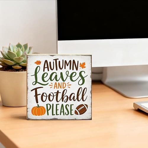 TOUNER Autumn Leaves And Football Please Wooden Box Sign, Thanksgiving Wooden Box Sign for Home Farmhouse Bedroom Desk Shelf Decor, Autumn Gifts for Man Friends Family Colleague Football Lovers thumbnail 2