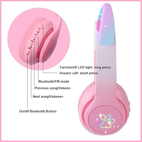 HOYJACY Cat Ear Kids Bluetooth Headphones for Girls Children Teens, LED Light Up Wireless/Wired Mode Foldable Stereo Girls Headphones with Built-in Mic for School Birthday Xmas Gift (Pink) thumbnail 4