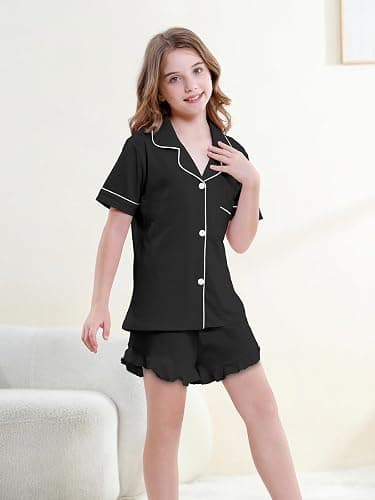 QZH.DUAO 3 Piece Girls Pajama Sets 100% Cotton Ruffle Long Pants with Shorts Sleepwear 3pcs Button Down PJs 5-14 Years thumbnail 4