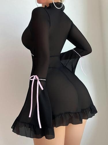 Verdusa Women's 2 Piece Babydoll Bow Lingerie Set Sheer Mesh Ruffle Long Sleeve Dress with Thong thumbnail 2