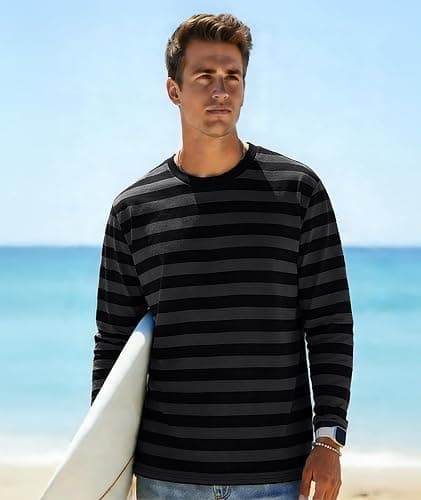 KESIHAN Mens Striped Long Sleeve Shirt Crewneck Casual Basic Stripe Tee | Crewneck long sleeve striped tee with cotton spandex fabric,casual regular fit basic style for daily wear and layering. thumbnail 5