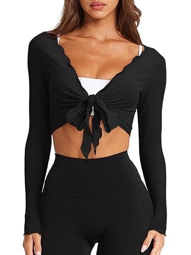 LASLULU Womens Tie Front Wrap Tops Long Sleeve Bolero Shrugs Crop Cardigan Yoga Ballet Cover up Tops Pilates Outfits thumbnail 2