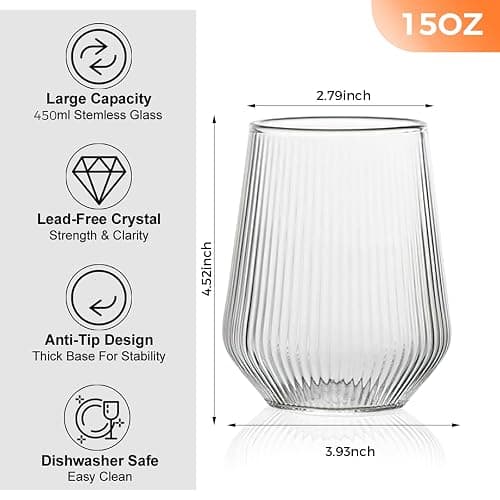 Ausune 6 Pack 460ml Ribbed Wine Glasses, Juice Cocktail Glasses Drinking Glassware Origami Style Fluted Ripple Beverage Tumblers Set, 15.55oz Vintage Stemless Cups for Home, Restaurant, Events & Part thumbnail 3
