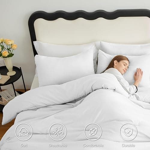 CozyLux White Full Size Comforter Set, 3 Pieces Solid Breathable Quilted Style Bedding Sets, Luxury Fluffy Soft Bed Set with Down Alternative Comforter for All Season (1 Comforter & 2 Pillowcases) thumbnail 4
