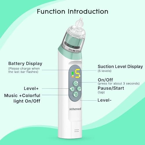 Electric Nasal Aspirator for Baby, Nose Aspirator for Toddlers, Waterproof Baby Nose Sucker, Nose Cleaner with 3 Silicone Tips, Adjustable Suction Level, Music and Light Soothing Function,Green thumbnail 7