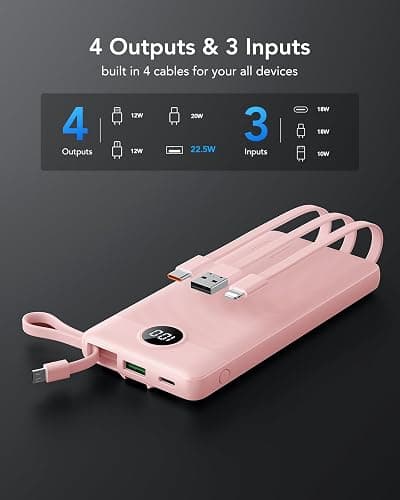 VRURC Portable Phone Charger, 20W PD Fast Charging Portable Charger for iPhone, 10000mAh Battery Bank with Cables, 4 Output 3 Input USB C Battery Pack for iPhone 17 16 15 14 13,Samsung Galaxy-Pink thumbnail 3