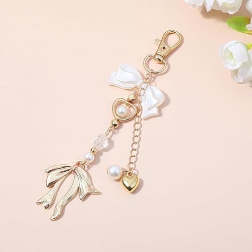 Mabor Gold Bow Keychain Bag Charms for Women Heart Pearl Beaded Coquette Aesthetic Purse Charm Cute Aesthetic Accessory Keychain thumbnail 7