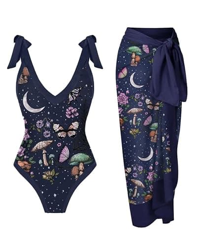 CORAMOON Death's Head Moth Print One Piece Swimsuit and Sarong Set Tie Shoulder Straps Swimwear Set - Image 1
