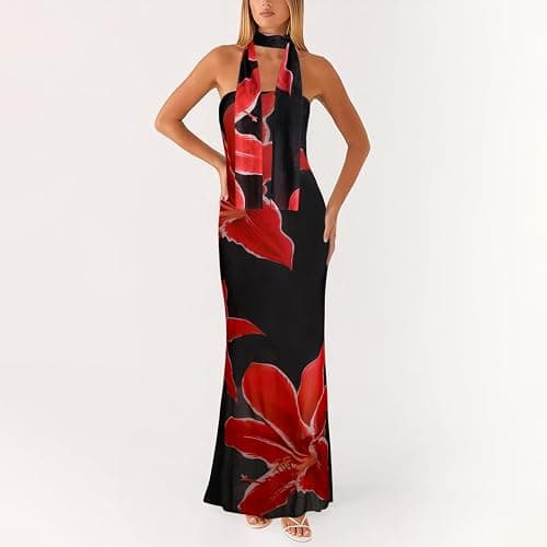 Women Floral Tube Maxi Dress with Scarf Summer Strapless Tube Bodycon Mesh Layer Cocktail Party Wedding Guest Dress thumbnail 2