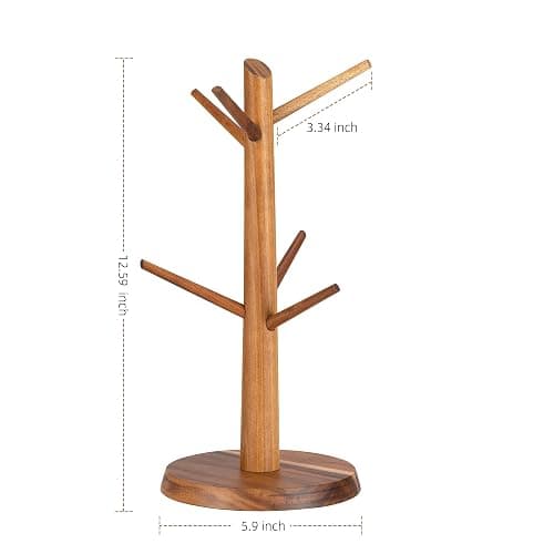 E-ROOM TREND Acacia Wood Mug Holder Tree, 6 Hooks Wooden Mug Organizer for Kitchen Counter & Coffee Bar, Easy to Assemble, Natural Wood Color, Ideal for Small to Medium Mugs thumbnail 3