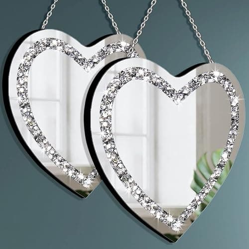 DMDFIRST Heart Shaped Silver Glass Mirror 2 Pack 12x12inch Crystal Crush Diamond Decor Chain Mirror for Wall Decoration thumbnail 4
