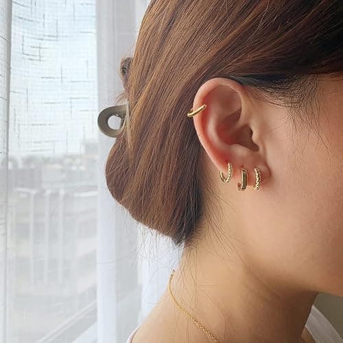 4 Pairs 14k Gold Hoop Earrings Set Twisted Glossy Zirconia Small Huggie Earrings For Multiple Piercing Cuff Cartilage Jewelry For Women Girls thumbnail 2