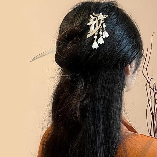 Lawie 10 Pack Retro Gold Metal Long Hair Sticks Pins with Pearl Jade Dangles Tassels Pendants Chinese Hanfu Asian Flower Butterfly Hair Chopsticks Hair Picks Bun Forks Holders Hairpins for Women Girls thumbnail 6