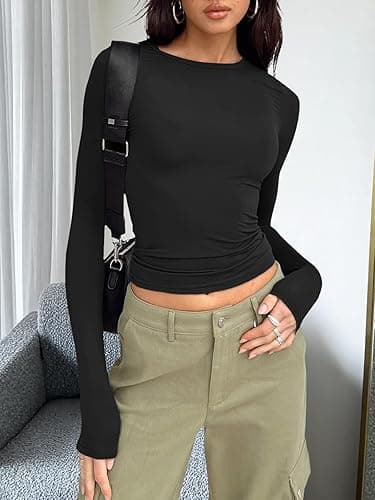 Trendy Queen Womens Long Sleeve Shirts Fall Fashion 2025 Basic Crop Tops Going Out Workout Outfits Y2k Clothes - Small - Black thumbnail 6