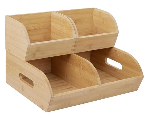 Potato and Onion Storage Bin for Pantry and Kitchen Counter - Ventilated Stackable Bamboo Organizer Baskets with Handles - Multipurpose Organization Containers for Fruit, Vegetable, Pantry - 3 Pack - Image 1