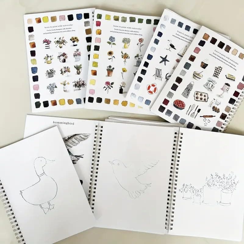Watercolor Workbook beginner, Cuaderno de Acuarelas para PrincipiantesKit Completo con 12 Colores, Pincel, Flores y Aves - Ideal Adultos, Niños y Adolescentes, Incluye Regalo Artístico y Manualidades (E) thumbnail 4