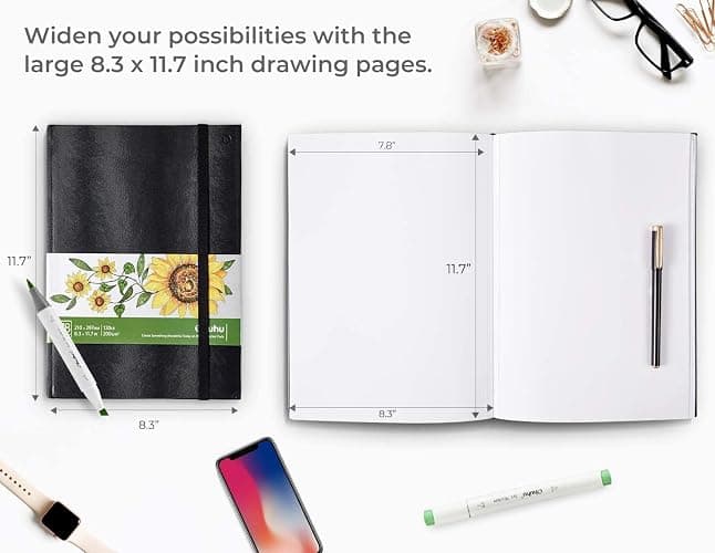 Ohuhu A4 Alkoholmarker Skizzenbuch - 200 g/m² säurefreies Papier, 156 Seiten (78 Blätter), 21x29,7 cm Hardcover mit Premium PU-Einband, Sketchbook für Aquarell, Marker & Illustration thumbnail 2