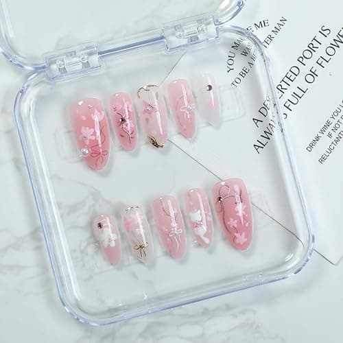 30Pcs Pink Flower Press on Nails Medium Almond Fake Nails Gilding Peach Blossom with Gems Design 3D Pearl Bow False Nails Cute Cat Stick on Nails Handmade Full Cover Artificial Glue on Nails for Women thumbnail 4