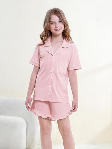 QZH.DUAO Girls & Women Pajama Sets 100% Cotton Sleepwear Button Down Short Sleeve With Ruffle Shorts PJS 5 Years-Large thumbnail 3