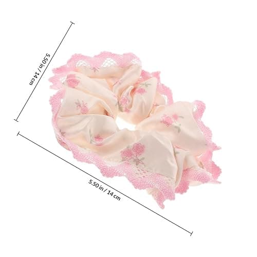 BETOOKY 2pcs Pink Lace Floral Satin Scrunchies Silk Hair Ties with Bow Knot, Stretchy Ponytail Holders thumbnail 2