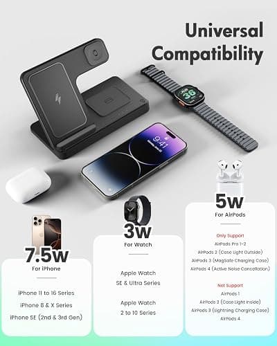 Wireless Charger iPhone Charging Station: 3 in 1 Charger Stand Multiple Devices for Apple - iPhone 17 16e 16 15 14 Pro Max 13 12 11 - Watch 11 10 9 8 7 6 5 4 3 2 SE and Ultra Series - Airpods 4 3 Pro thumbnail 2