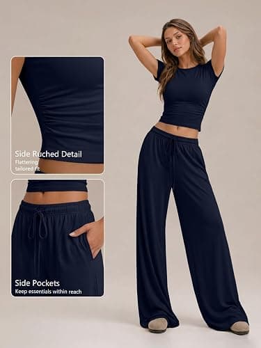 Trendy Queen Women's 2 Piece Matching Summer Lounge Set with Pockets | Vacation Airport Travel Outfits, Workout Gym Clothing Comfy Athleisure Clothes, Side-ruched Top, Drawstring Wide Leg Pants thumbnail 5
