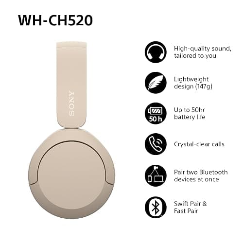 Sony WH-CH520 Wireless Bluetooth On-Ear Headphones, Lightweight Design, Up to 50hr Battery Life, Quick Charge, EQ, Clear Call Quality, iOS & Android - Beige thumbnail 3