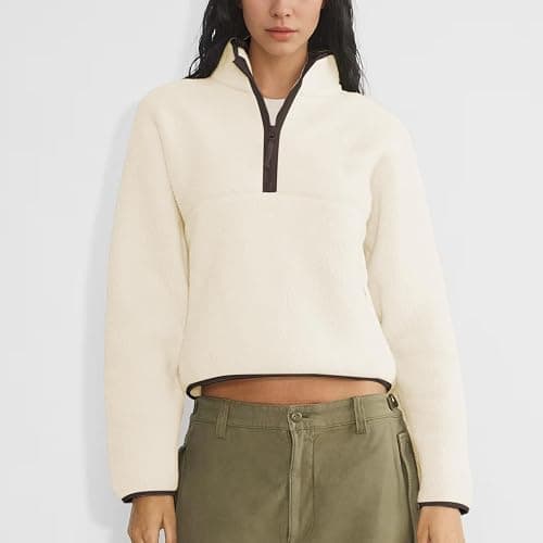 Keeliya Womens Fleece Sweatshirts Cropped Half Zip Fuzzy Warm Sherpa Pullover Varsity Jackets with Zipper Pockets thumbnail 5