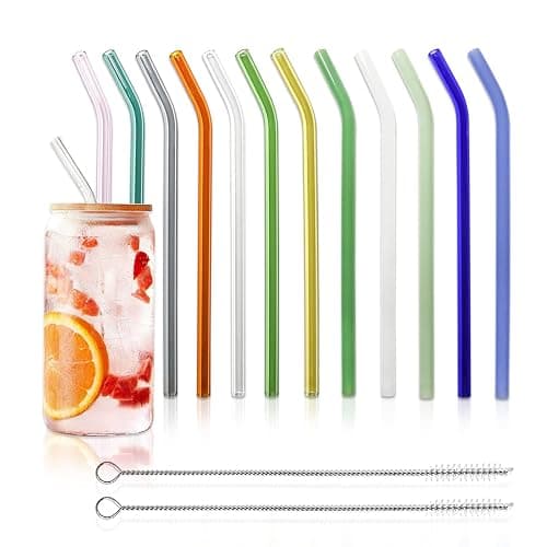 12 Pack Reusable Glass Straws - 8" x 8 MM, Bent Glass Drinking Straws with 2 Cleaning Brushes, Reusable Straws for Smoothies, Milkshake, Frozen Drinks, Tea, Juice - Image 1