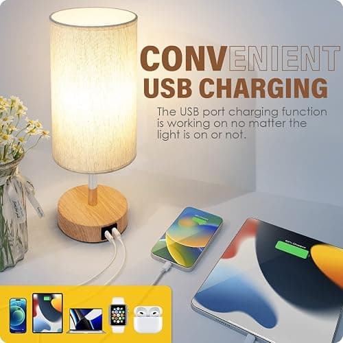 Yarra-Decor Bedside Lamp with USB A+C Port - Touch Control Table Lamp for Bedroom Wood 3 Way Dimmable Nightstand Lamp with Round Flaxen Fabric Shade for Home Office (LED Bulb Included) thumbnail 3