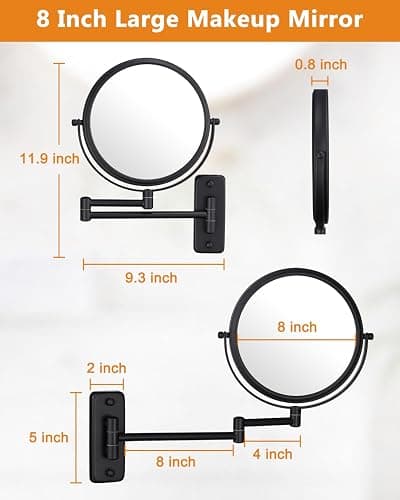 Wall Mounted Makeup Mirror - 1X/10X Magnifying Mirror for Wall, 8 Inch Double Sided 360° Swivel Extendable Bathroom Mirror for Shaving, Black DECLUTTR thumbnail 5