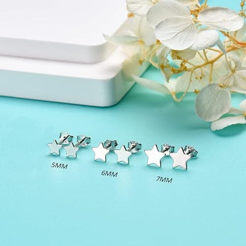 3 Pairs 925 Sterling Silver Star Stud Earrings for Women,Tiny Simple Geometric Stud Earrings Set Small Hypoallergenic Cartilage Tragus Ear Jewellery for Men (3/4/5mm) thumbnail 7