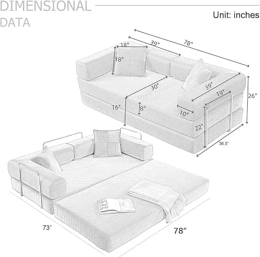 Vanress Convertible Folding Sofa Bed, Modern Futon Sleeper Sofa Fold Out Couch Bed with Gold Fixed Frame, Modular Floor Sofas Comfy Corduroy Boneless Couches for Living Room (78" Beige) thumbnail 3