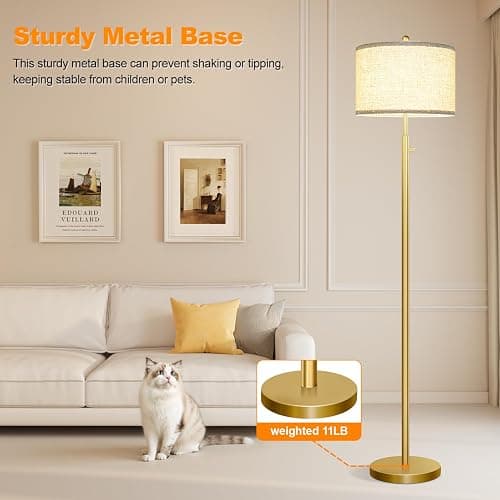 Nintiue 【Upgraded】 Dimmable Floor Lamp for Living Room, 11W LED Bulb Included, Modern Standing Lamp, Tall Pole Light with Linen Shade for Bedroom Reading Office Corner Nursery-Gold thumbnail 6