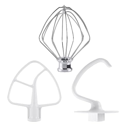 3-Piece Kit Attachments for KitchenAid Tilt-Head Stand Mixer, Accessories Stainless Steel K45WW Wire Whip, K45DH Dough Hook and K45B Coated Flat Blade Paddle with Scraper - Image 1